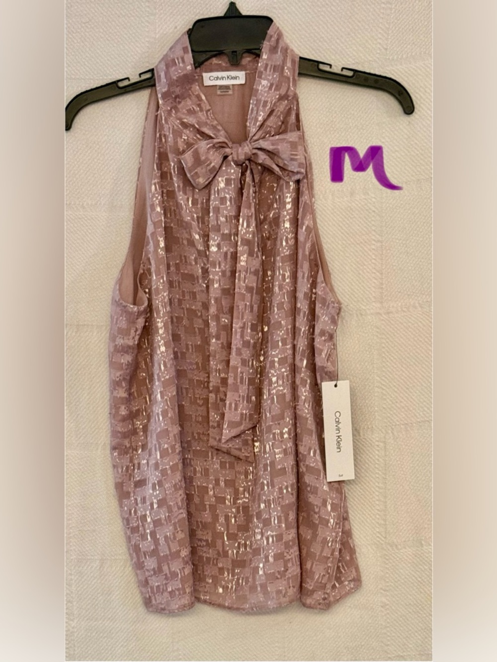 Calvin Klein Pink Sequin Bow Tie Sleeveless Top